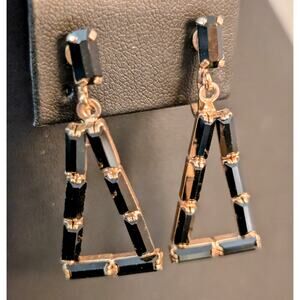 Vintage Gold Tone Black Rectangle Crystal Triangle Dangle Screw Back Earrings